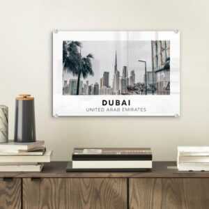 MuchoWow Acrylglasbild "Dubai - Skyline - Palme", (1 St), Glasbilder - Bilder auf Glas Wandbild - Foto auf Glas - Wanddekoration