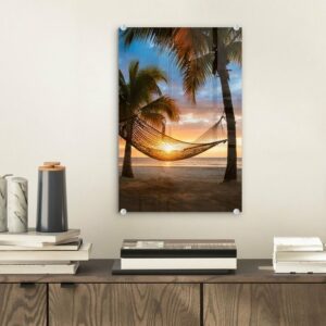 MuchoWow Acrylglasbild "Sonnenuntergang - Hängematte - Palme", (1 St), Glasbilder - Bilder auf Glas Wandbild - Foto auf Glas - Wanddekoration