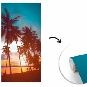 MuchoWow Fototapete "Meer - Palme - Sonnenuntergang - Strand - Silhouette", Matt, bedruckt, (2 St), Vliestapete für Wohnzimmer Schlafzimmer Küche, Fototapete