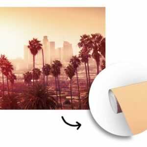 MuchoWow Fototapete "Palme - Skyline - Sonnenuntergang - Architektur", Matt, bedruckt, (5 St), Vinyl Tapete für Wohnzimmer oder Schlafzimmer, Wandtapete