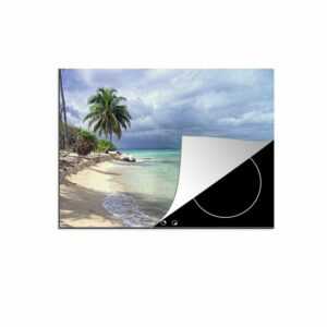 MuchoWow Herdblende-/Abdeckplatte "Eine kleine Palme mit türkisgrünem Wasser auf den Bay Islands", Vinyl, (1 tlg), Mobile Arbeitsfläche nutzbar, Ceranfeldabdeckung
