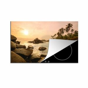 MuchoWow Herdblende-/Abdeckplatte "Sonnenaufgang an der Uferpromenade von Santa Marta mit Palmen im", Vinyl, (1 tlg), Mobile Arbeitsfläche nutzbar, Ceranfeldabdeckung