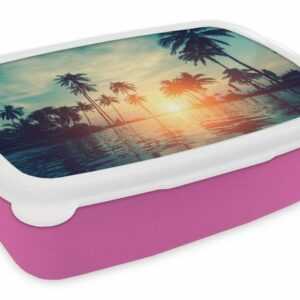 MuchoWow Lunchbox "Meer - Sonnenuntergang - Palme - Wolken", Kunststoff, (2-tlg), Brotbox für Erwachsene, Brotdose Kinder, Snackbox, Mädchen, Kunststoff