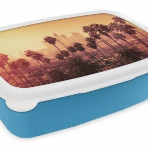 MuchoWow Lunchbox "Palme - Skyline - Sonnenuntergang - Architektur", Kunststoff, (2-tlg), Brotdose für kindergarten, Vesperbox, Snackbox, Brotbox, Jungen