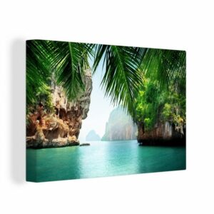 OneMillionCanvasses® Leinwandbild "Meer - Palme - Berg - Tropisch", (1 St), Wandbild Leinwandbilder, Aufhängefertig, Wanddeko