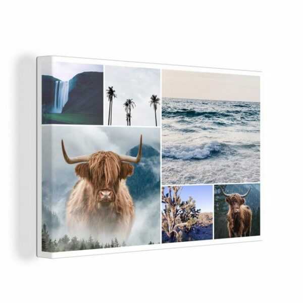 OneMillionCanvasses® Leinwandbild "Schottischer Highlander - Collage - Wasserfall - Palme", (1 St), Wandbild Leinwandbilder, Aufhängefertig, Wanddeko