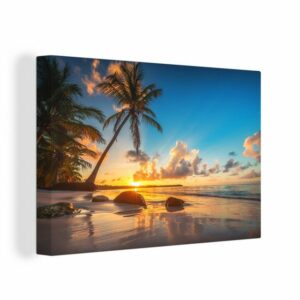 OneMillionCanvasses® Leinwandbild "Strand - Meer - Palme - Sonnenuntergang", (1 St), Wandbild Leinwandbilder, Aufhängefertig, Wanddeko