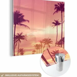 MuchoWow Acrylglasbild Himmel - Palme - Abend - Natur - Tropisch, (1 St), Glasbilder - Bilder auf Glas Wandbild - Foto auf Glas - Wanddekoration