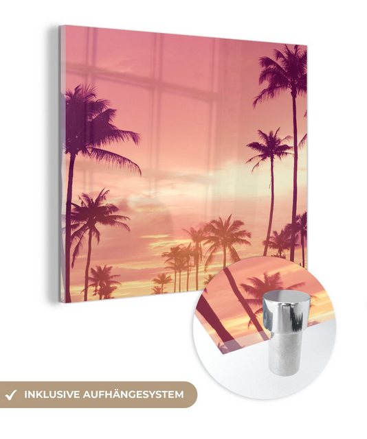 MuchoWow Acrylglasbild Himmel - Palme - Abend - Natur - Tropisch, (1 St), Glasbilder - Bilder auf Glas Wandbild - Foto auf Glas - Wanddekoration