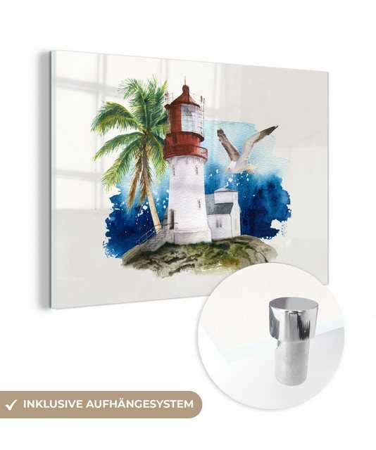 MuchoWow Acrylglasbild Leuchtturm - Palme - Vogel - Meer, (1 St), Acrylglasbilder Wohnzimmer & Schlafzimmer
