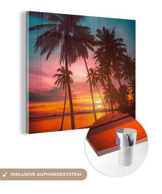 MuchoWow Acrylglasbild Meer - Palme - Sonnenuntergang - Strand - Silhouette, (1 St), Glasbilder - Bilder auf Glas Wandbild - Foto auf Glas - Wanddekoration