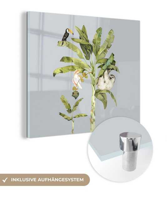 MuchoWow Acrylglasbild Palme - Faultier - Tukan, (1 St), Glasbilder - Bilder auf Glas Wandbild - Foto auf Glas - Wanddekoration