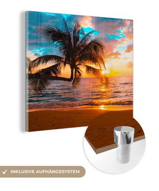 MuchoWow Acrylglasbild Palme - Sonnenuntergang - Horizont - Strand - Meer - Tropisch, (1 St), Glasbilder - Bilder auf Glas Wandbild - Foto auf Glas - Wanddekoration