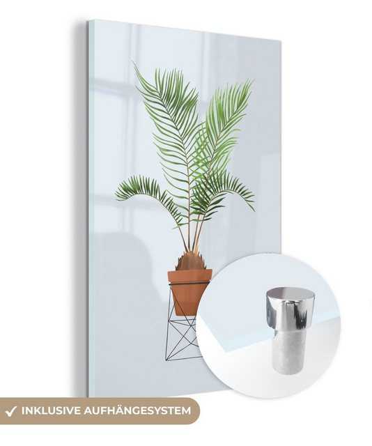 MuchoWow Acrylglasbild Pflanzen - Palme - Pastell - Blau, (1 St), Glasbilder - Bilder auf Glas Wandbild - Foto auf Glas - Wanddekoration