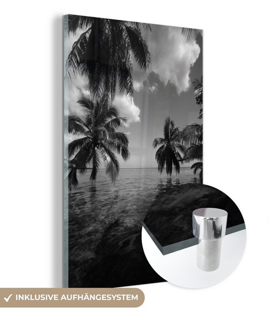 MuchoWow Acrylglasbild Reflexion von Palmen im Meer von Mo'orea in schwarz und weiß, (1 St), Glasbilder - Bilder auf Glas Wandbild - Foto auf Glas - Wanddekoration