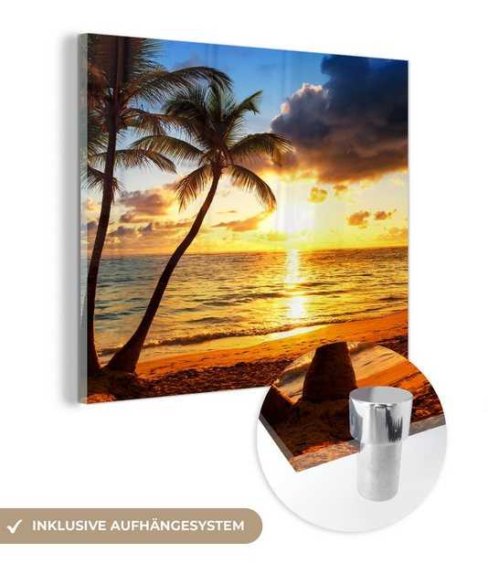 MuchoWow Acrylglasbild Strand - Horizont - Sonnenuntergang - Palme - Meer, (1 St), Glasbilder - Bilder auf Glas Wandbild - Foto auf Glas - Wanddekoration