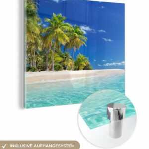MuchoWow Acrylglasbild Strand - Meer - Palme - Sonne - Sommer, (1 St), Glasbilder - Bilder auf Glas Wandbild - Foto auf Glas - Wanddekoration
