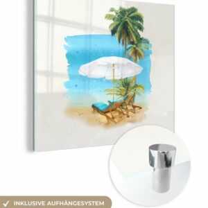 MuchoWow Acrylglasbild Strandkorb - Sonnenschirm - Palme, (1 St), Glasbilder - Bilder auf Glas Wandbild - Foto auf Glas - Wanddekoration