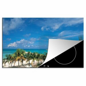 MuchoWow Herdblende-/Abdeckplatte Palmen am perlweißen Strand von Aruba, Vinyl, (1 tlg), 76x51 cm, Ceranfeldabdeckung für die küche, Induktionsmatte