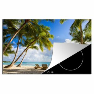 MuchoWow Herdblende-/Abdeckplatte Palmen und Hütten auf einer tropischen Insel, Vinyl, (1 tlg), 76x51 cm, Ceranfeldabdeckung für die küche, Induktionsmatte