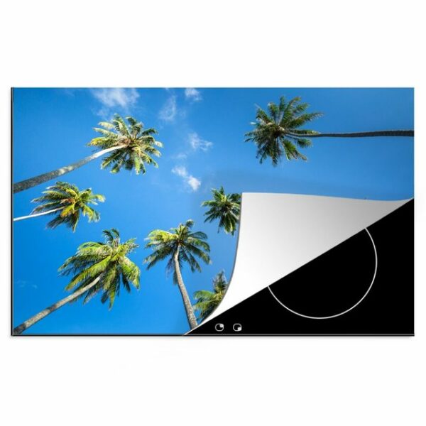 MuchoWow Herdblende-/Abdeckplatte Palmen von unten gegen einen blauen Himmel, Vinyl, (1 tlg), 76x51 cm, Ceranfeldabdeckung für die küche, Induktionsmatte