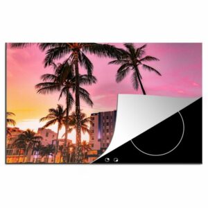 MuchoWow Herdblende-/Abdeckplatte South Beach mit Palmen und einem farbigen Himmel, Vinyl, (1 tlg), 81x52 cm, Induktionskochfeld Schutz für die küche, Ceranfeldabdeckung