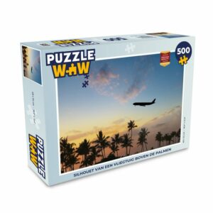 MuchoWow Puzzle Silhouette eines Flugzeugs über den Palmen, 500 Puzzleteile, Foto-Puzzle, Bilderrätsel, Puzzlespiele, Spielzeug