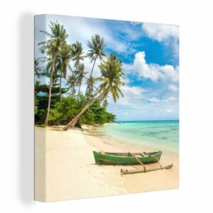 OneMillionCanvasses® Leinwandbild Strand - Kanu - Palme - Tropisch, (1 St), Leinwand Bilder für Wohnzimmer Schlafzimmer