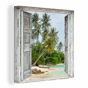 OneMillionCanvasses® Leinwandbild Tropisch - Palme - Blick - Meer, (1 St), Leinwand Bilder für Wohnzimmer Schlafzimmer
