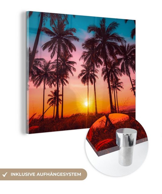 MuchoWow Acrylglasbild Palme - Sonnenuntergang - Horizont - Strand - Orange - Rosa, (1 St), Glasbilder - Bilder auf Glas Wandbild - Foto auf Glas - Wanddekoration