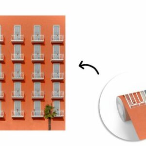 MuchoWow Fototapete Tür - Balkon - Architektur - Palme - Orange, Matt, bedruckt, (3 St), Montagefertig Vinyl Tapete für Wohnzimmer, Wandtapete