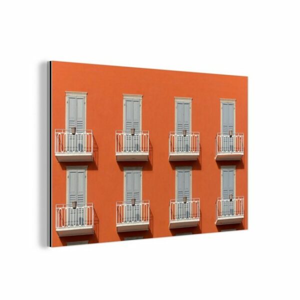 MuchoWow Metallbild Tür - Balkon - Architektur - Palme - Orange, (1 St), Wohnzimmer Dekoration aus Alu, Industrial, Metallbilder, Gemälde