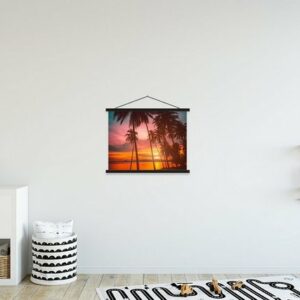 MuchoWow Poster Meer - Palme - Sonnenuntergang - Strand - Silhouette, (1 St), Magnetische Posterleiste, Eichenholz, Holzleisten, Textilposter