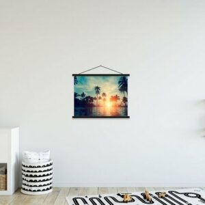 MuchoWow Poster Meer - Sonnenuntergang - Palme - Wolken, (1 St), Magnetische Posterleiste, Eichenholz, Holzleisten, Textilposter