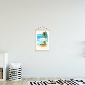 MuchoWow Poster Strandkorb - Sonnenschirm - Palme - Meer, (1 St), Posterleiste, Textilposter für Wohnzimmer, Bilderleiste, Magnetisch