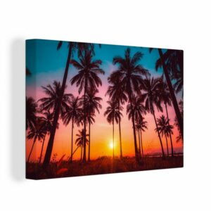 OneMillionCanvasses® Leinwandbild Palme - Sonnenuntergang - Horizont - Strand - Orange - Rosa, Palme (1 St), Wandbild Leinwandbilder, Aufhängefertig, Wanddeko, 30x20 cm