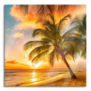 Pixxprint Glasbild Palmen im Sonnenuntergang auf Barbados, Palmen im Sonnenuntergang auf Barbados (1 St), Glasbild aus Echtglas, inkl. Aufhängungen und Abstandshalter