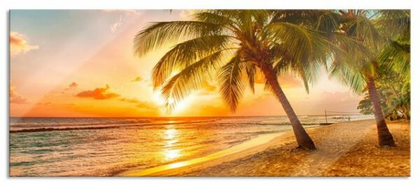 Pixxprint Glasbild Palmen im Sonnenuntergang auf Barbados, Palmen im Sonnenuntergang auf Barbados (1 St), Glasbild aus Echtglas, inkl. Aufhängungen und Abstandshalter