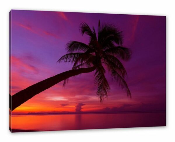 Pixxprint Leinwandbild Palme am Meer mit Sonnenuntergang, Palme am Meer mit Sonnenuntergang (1 St), Leinwandbild fertig bespannt, inkl. Zackenaufhänger