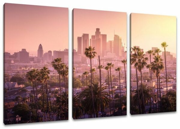 Pixxprint Leinwandbild Palmen vor Skyline von Los Angeles, Palmen vor Skyline von Los Angeles 3Teiler (120x80cm) (1 St), Leinwandbild fertig bespannt, inkl. Zackenaufhänger