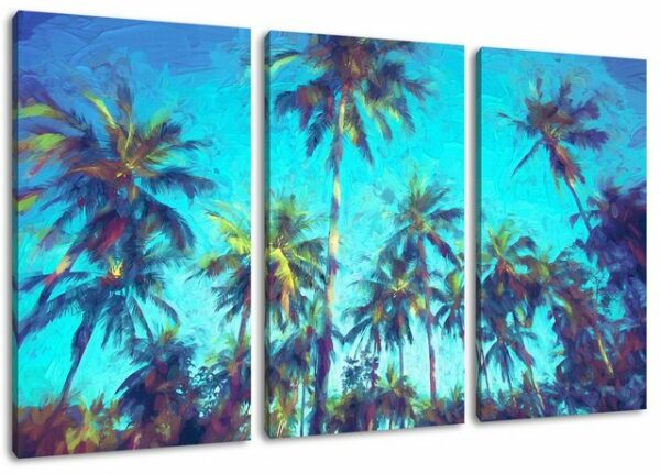 Pixxprint Leinwandbild Tropische Palmen Kunst, Tropische Palmen Kunst 3Teiler (120x80cm) (1 St), Leinwandbild fertig bespannt, inkl. Zackenaufhänger