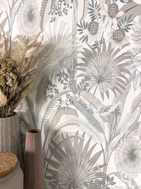 Newroom Vliestapete, Beige Tapete Modern Dschungel - Mustertapete Blumentapete Grau Creme Tropisch Floral Palmen Blätter für Wohnzimmer Schlafzimmer Küche