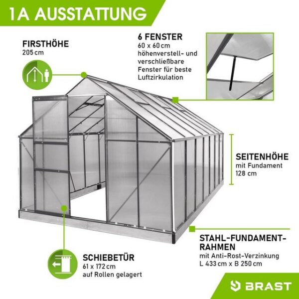 BRAST Gewächshaus ALU mit Fundament rostfrei 430x250x205cm TÜV geprüft, wetterfestes hochwertiges Aluminium