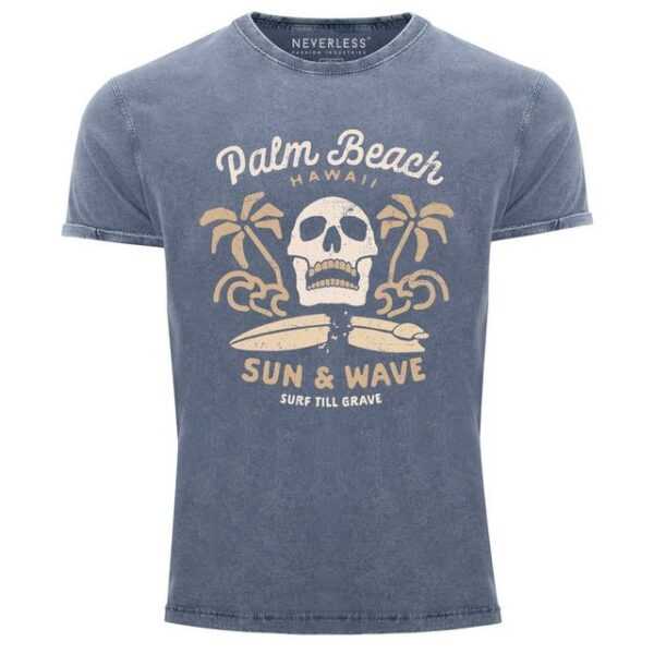 Neverless Print-Shirt Neverless® Herren T-Shirt Surf-Motiv Totenkopf Palm Beach Vintage Shirt mit Print