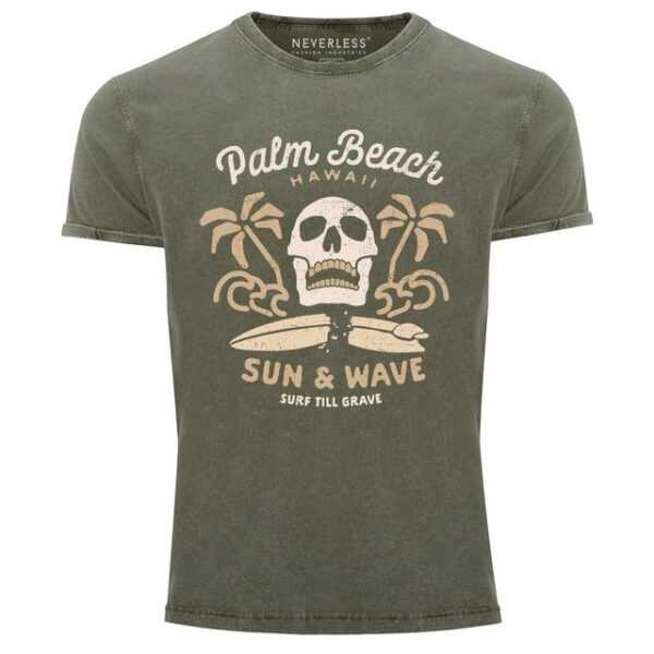 Neverless Print-Shirt Neverless® Herren T-Shirt Surf-Motiv Totenkopf Palm Beach Vintage Shirt mit Print